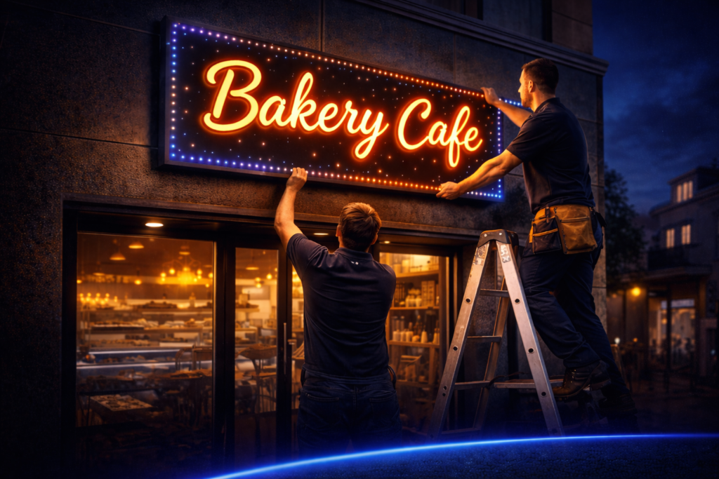 Alt Text Team installing LED sign board in Narhe Pune workshop