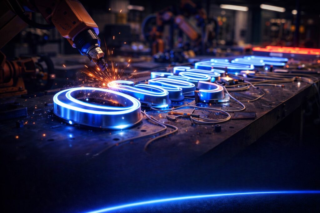 Alt Text Team installing LED sign board in Narhe Pune workshop